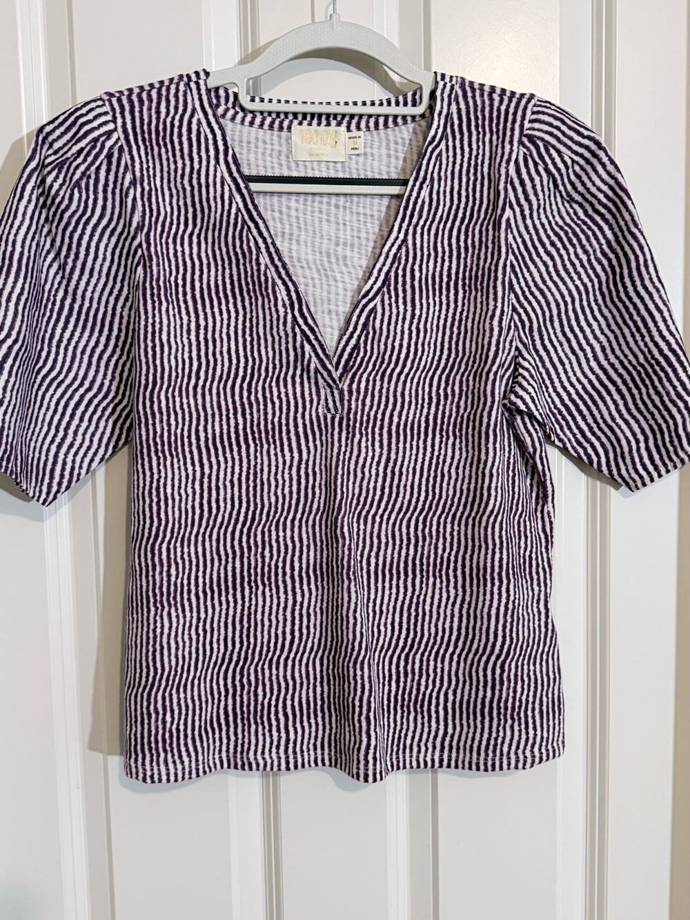 Nation LTD 100% Cotton Striped V-Neck Puff Sleeve Top in Purple and White